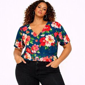 The Pioneer Woman Floral V-Neck Cropped Top | Navy Multi-Color Print | Size L